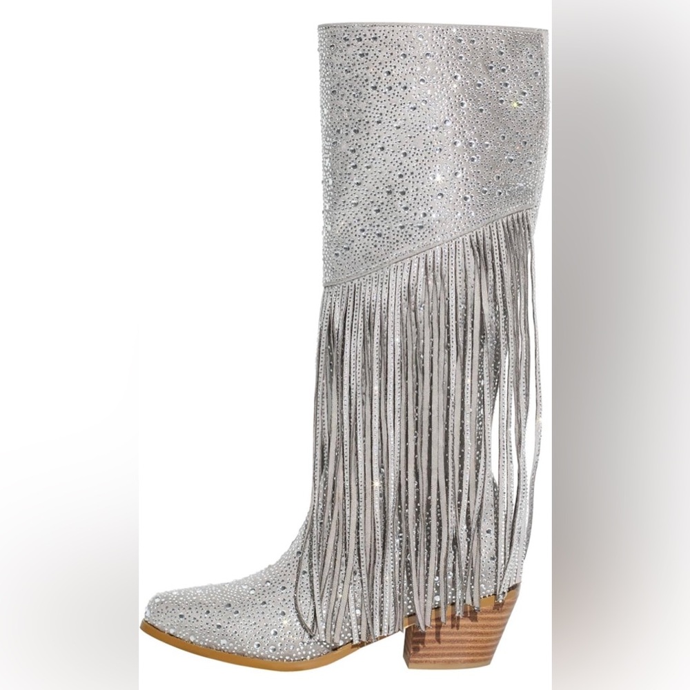 Richealnana Calf High Knee High Boots for Women Sparkle Rhinestones Clear Gems